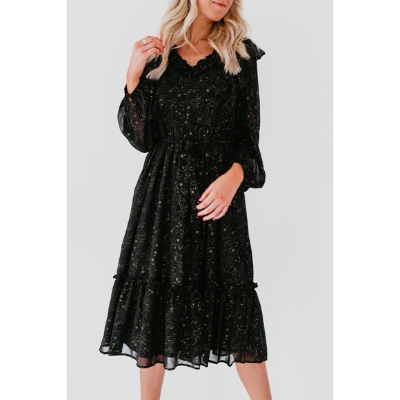 NWOT By The River Star Print Shirred Chiffon Ruffle Midi Long Sleeve Dress Black - Picture 4 of 11